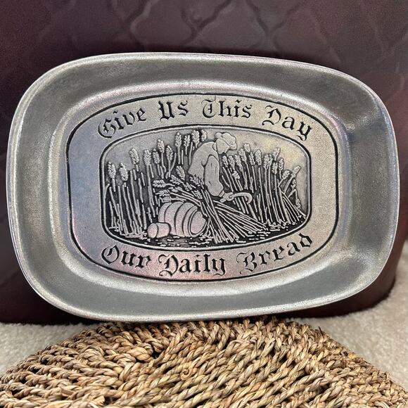 Vintage Pewter Tray with Give Us this Day Phrase and Farmer Working in Field - Picture 10 of 10